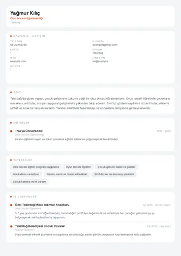 Okul Öncesi Öğretmeni Öğretmenliği Cv Örnekleri cv indir